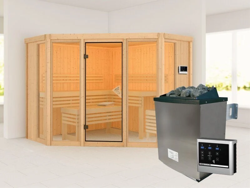 Karibu Sauna Alcinda mit 9 kW Ofen Ext. Strg 68 mm