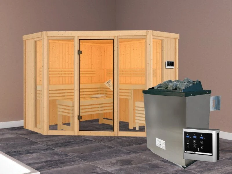 Karibu Sauna Alcinda mit 9 kW Ofen Ext. Strg 68 mm