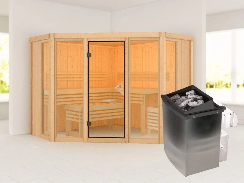 Karibu Sauna Alcinda mit 9 kW Ofen Integr. Strg 68 mm