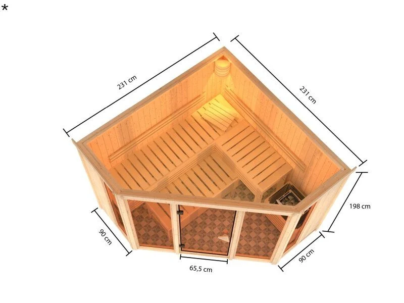 Karibu Sauna Alcinda mit 9 kW Ofen Integr. Strg 68 mm