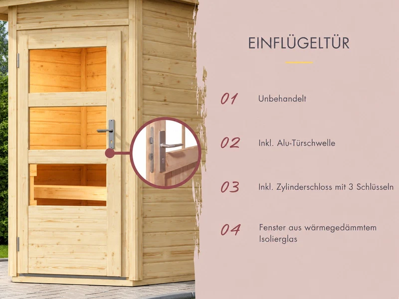 Karibu Saunahaus Skrollan 1 38 mm- ohne Ofen- moderne Tür