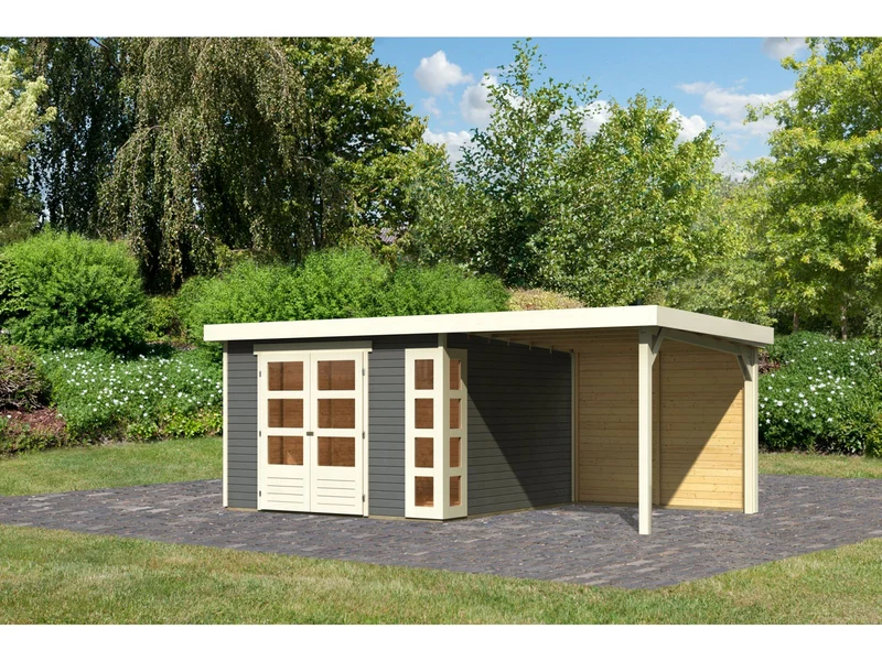 Karibu Gartenhaus Kerko 6 terragrau mit 2,40 m Anbaudach inkl. Rückwand