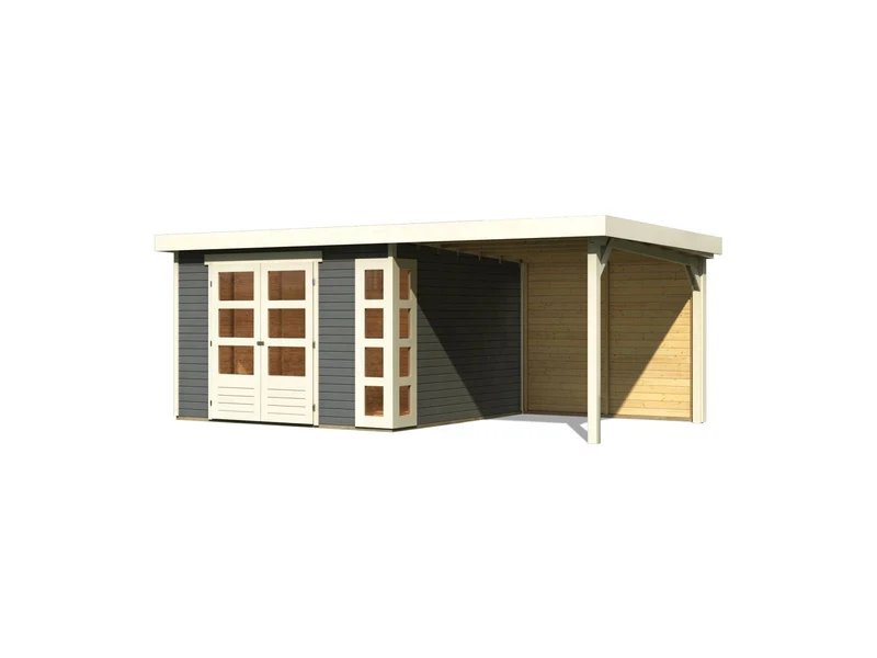 Karibu Gartenhaus Kerko 6 terragrau mit 2,40 m Anbaudach inkl. Rückwand
