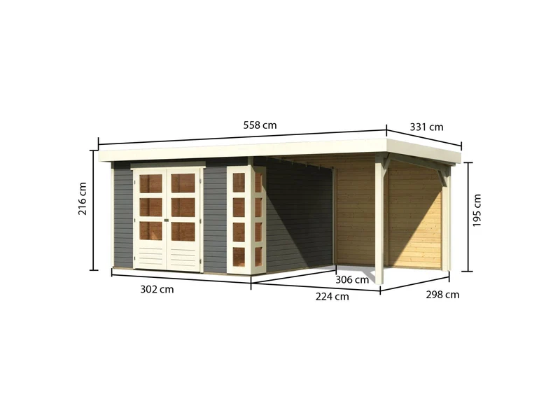 Karibu Gartenhaus Kerko 6 terragrau mit 2,40 m Anbaudach inkl. Rückwand