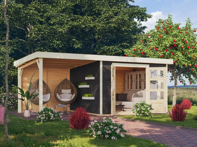 Karibu Gartenhaus Kerko 6 terragrau mit 2,40 m Anbaudach inkl. Rückwand