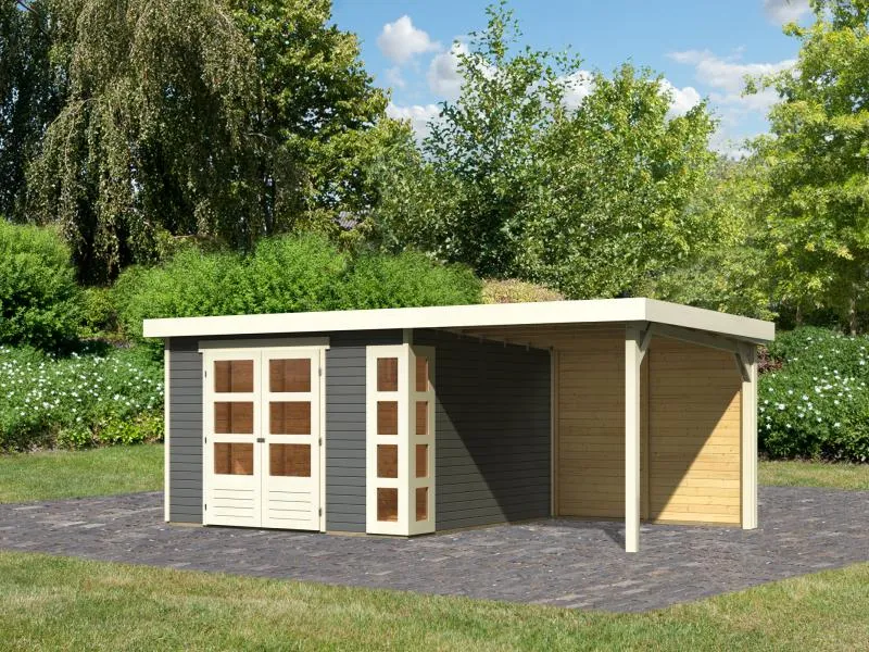 Karibu Gartenhaus Kerko 6 terragrau mit 2,40 m Anbaudach inkl. Rückwand