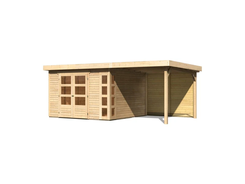 Karibu Gartenhaus Kerko 6 natur mit 2,40 m Anbaudach inkl. Rückwand