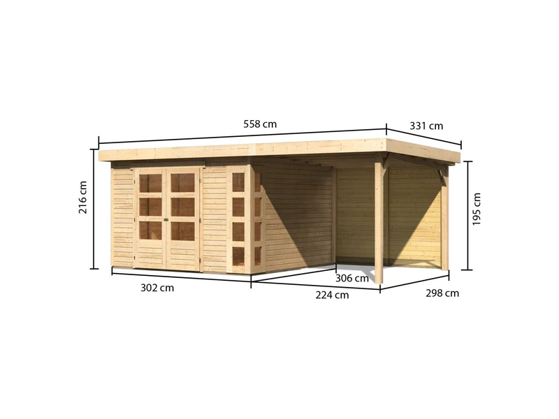 Karibu Gartenhaus Kerko 6 natur mit 2,40 m Anbaudach inkl. Rückwand