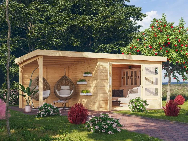 Karibu Gartenhaus Kerko 6 natur mit 2,40 m Anbaudach inkl. Rückwand