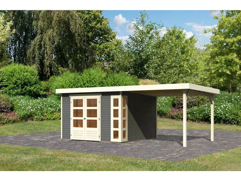 Karibu Gartenhaus Kerko 6 mit 2,40 m Anbaudach, 19 mm, terragrau