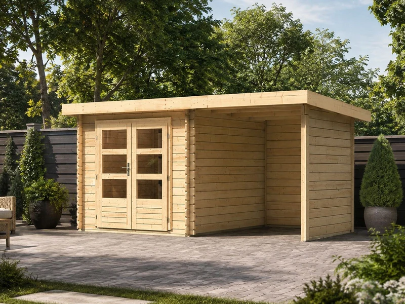 Karibu Gartenhaus Bastrup 4 mit Anbaudach 2 Meter, Rück- und Seitenwand