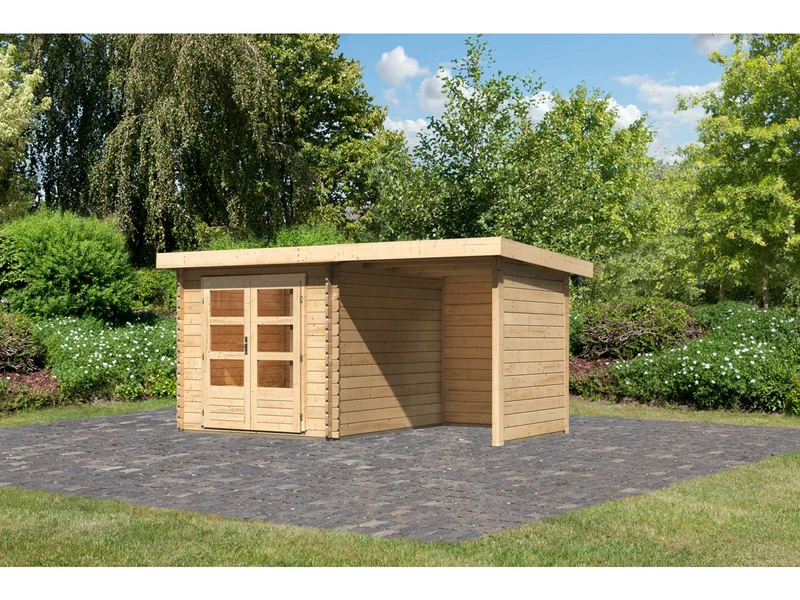 Karibu Gartenhaus Bastrup 4 mit Anbaudach 2 Meter, Rück- und Seitenwand