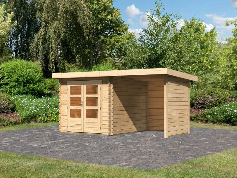 Karibu Gartenhaus Bastrup 4 mit Anbaudach 2 Meter, Rück- und Seitenwand