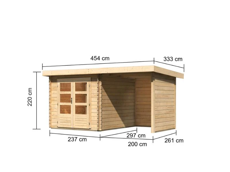 Karibu Gartenhaus Bastrup 4 mit Anbaudach 2 Meter, Rück- und Seitenwand