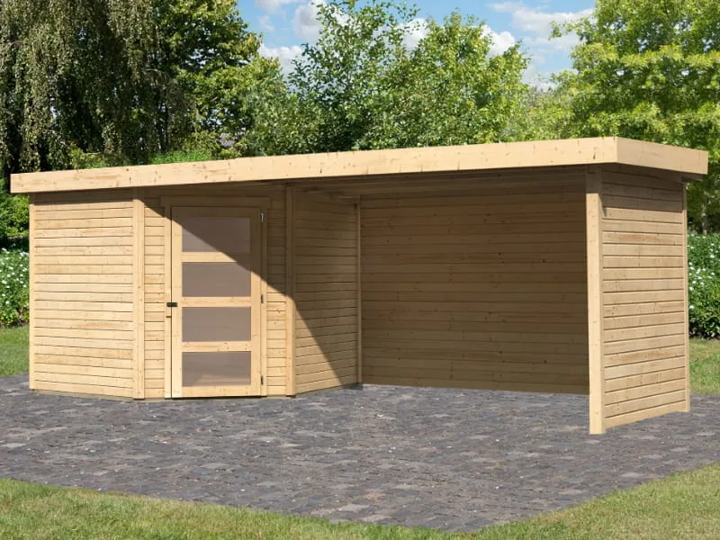 Karibu Gartenhaus Schwandorf 5 natur mit Anbaudach 2,75 Meter, Seiten- und Rückwand
