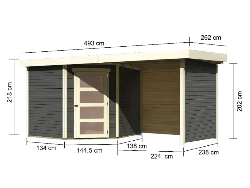 Karibu Gartenhaus Schwandorf 5 terragrau mit Anbaudach 2,25 Meter, Seiten- und Rückwand