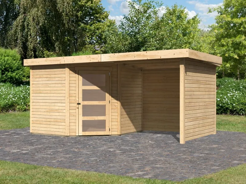 Karibu Gartenhaus Schwandorf 5 natur mit Anbaudach 2,25 Meter, Seiten- und Rückwand