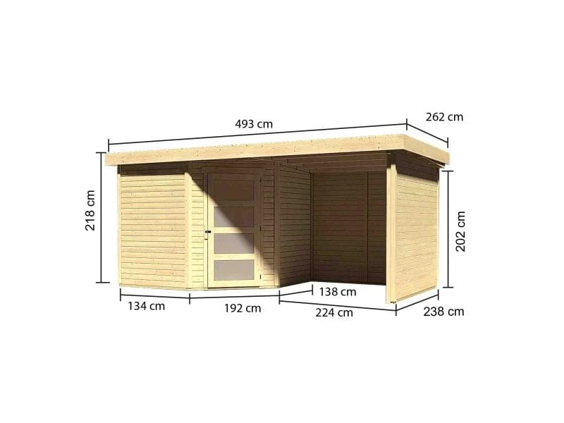 Karibu Gartenhaus Schwandorf 5 natur mit Anbaudach 2,25 Meter, Seiten- und Rückwand