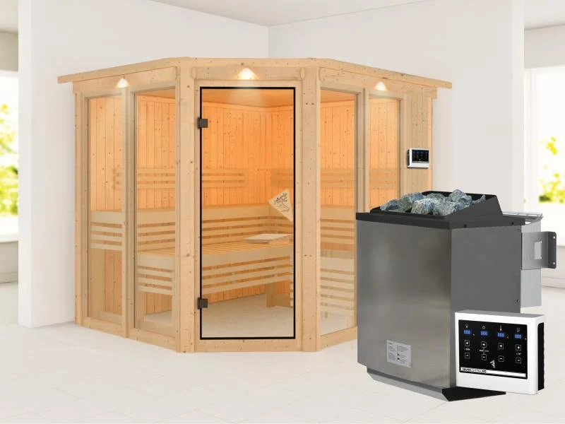 Karibu Sauna Ainur mit Dachkranz und 9 kW Bioofen Ext. Strg 68 mm
