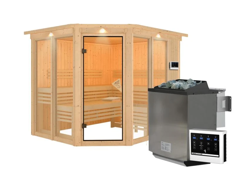 Karibu Sauna Ainur mit Dachkranz und 9 kW Bioofen Ext. Strg 68 mm