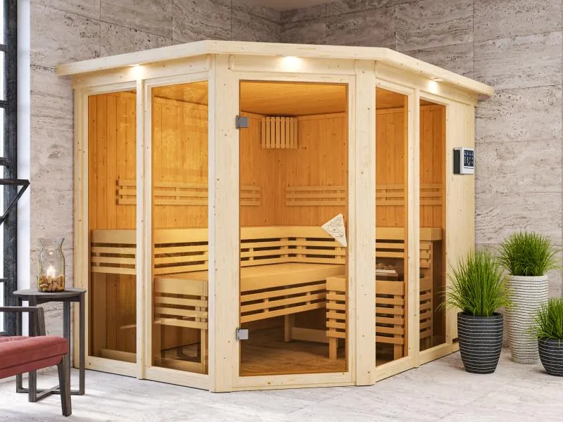 Karibu Sauna Ainur mit Dachkranz und 9 kW Bioofen Ext. Strg 68 mm