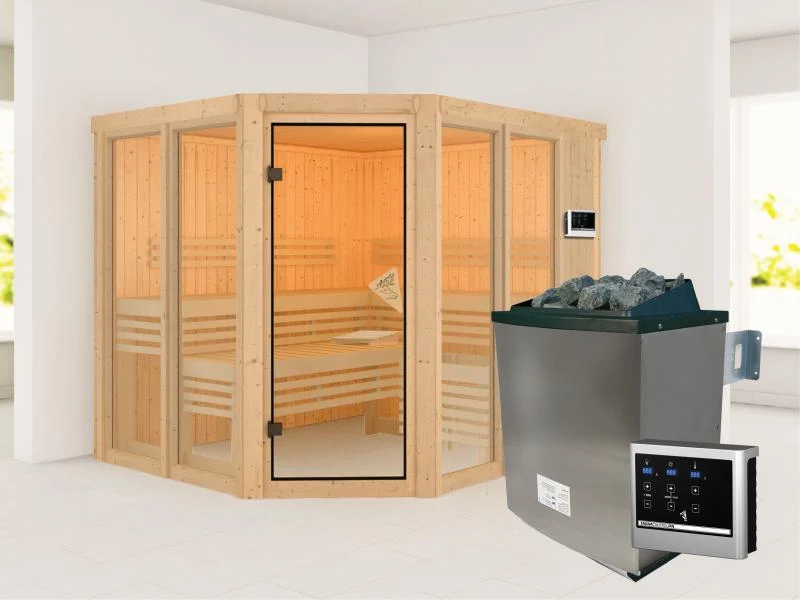 Karibu Sauna Ainur mit 9 kW Ofen Ext. Strg 68 mm
