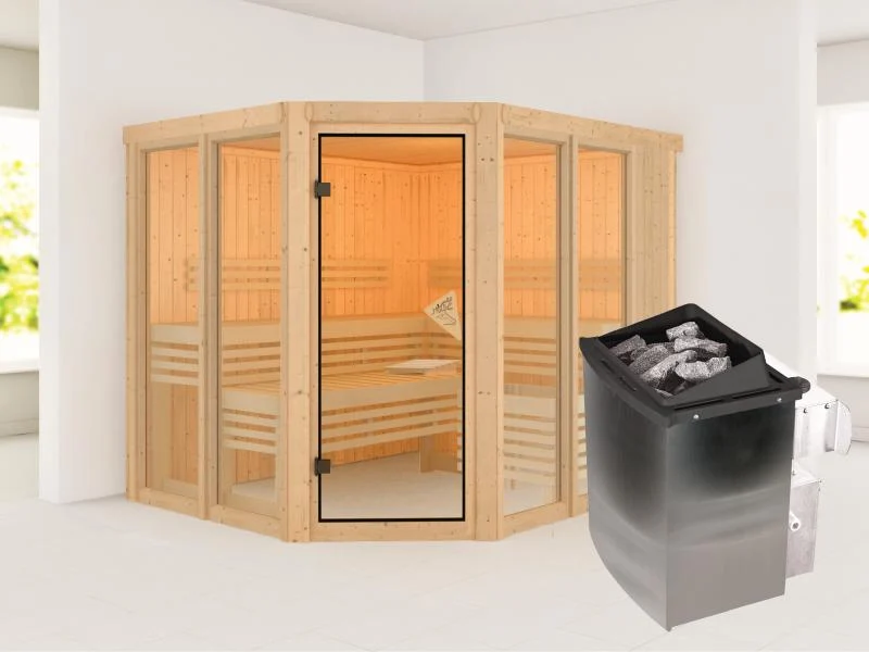 Karibu Sauna Ainur mit 9kW Ofen integr. Strg 68 mm