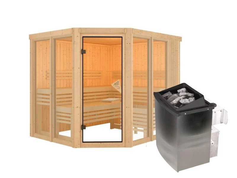 Karibu Sauna Ainur mit 9kW Ofen integr. Strg 68 mm