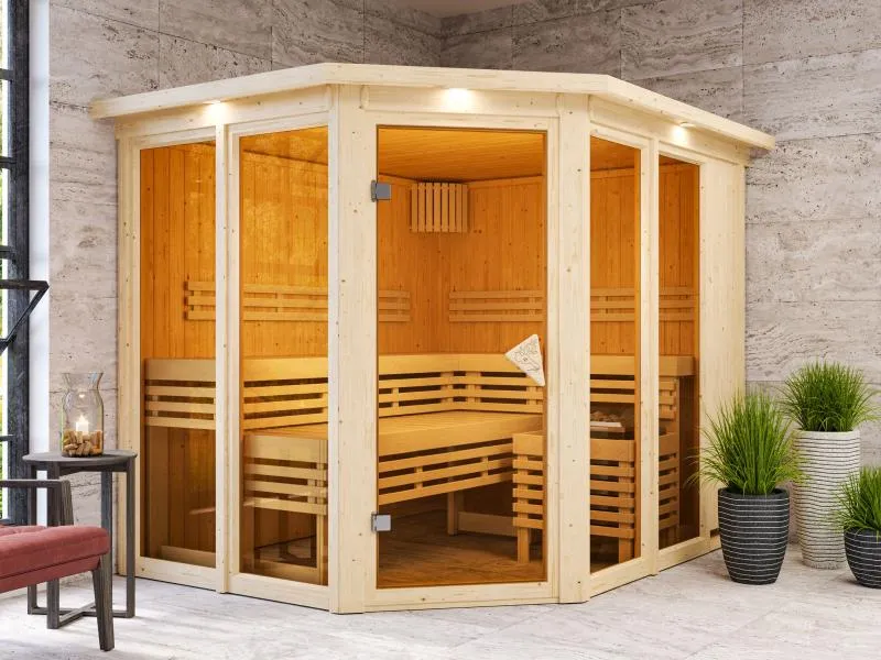 Karibu Sauna Ainur mit Dachkranz ohne Ofen 68 mm
