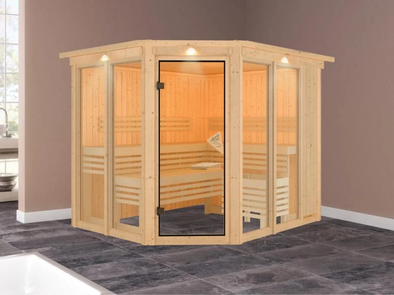 Karibu Sauna Ainur mit Dachkranz ohne Ofen 68 mm