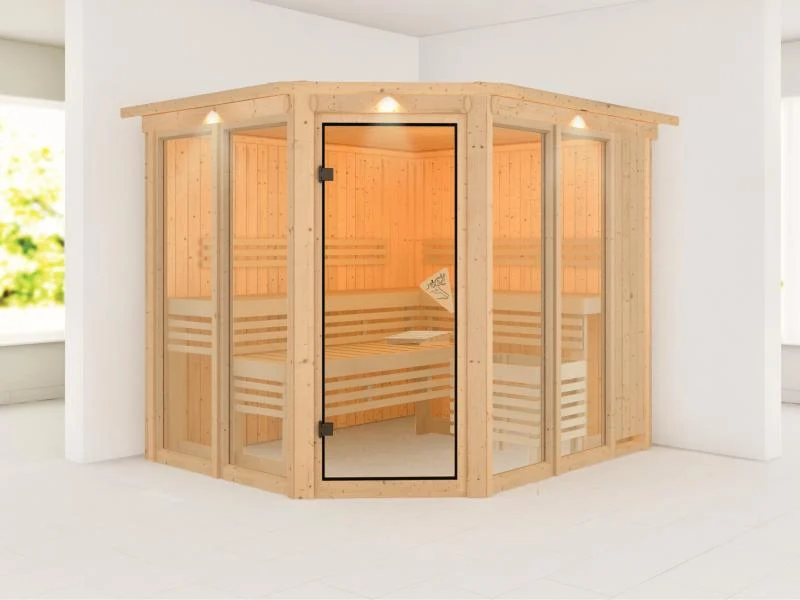 Karibu Sauna Ainur mit Dachkranz ohne Ofen 68 mm