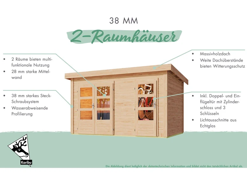 Karibu Gartenhaus Schönbuch 1, 38 mm 2-Raum-Haus - terragrau