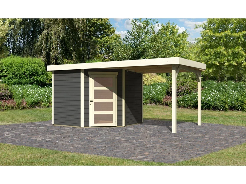 Karibu Gartenhaus Schwandorf 5 terragrau mit Anbaudach 2,25 Meter