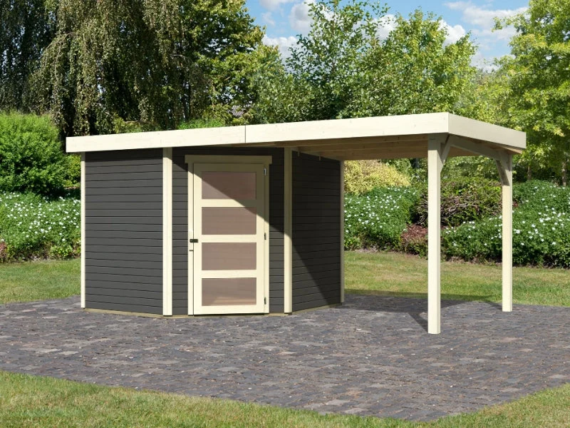 Karibu Gartenhaus Schwandorf 5 terragrau mit Anbaudach 2,25 Meter