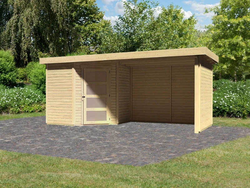 Karibu Gartenhaus Schwandorf 3 natur mit Anbaudach 2,75 Meter, Seiten- und Rückwand
