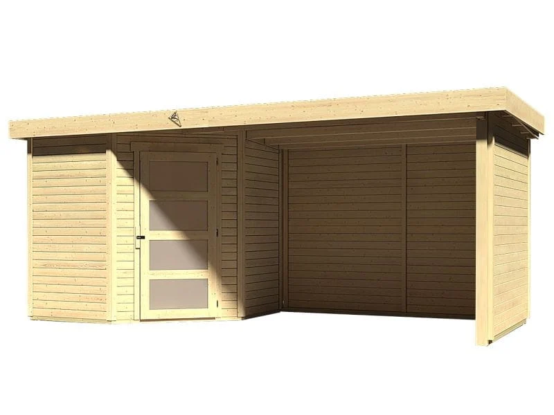 Karibu Gartenhaus Schwandorf 3 natur mit Anbaudach 2,75 Meter, Seiten- und Rückwand