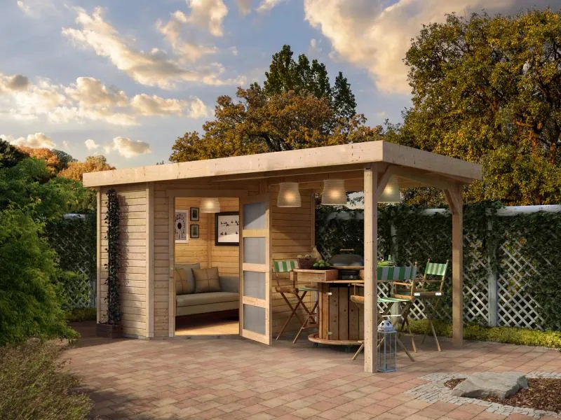 Karibu Gartenhaus Schwandorf 3 natur mit Anbaudach 2,75 Meter