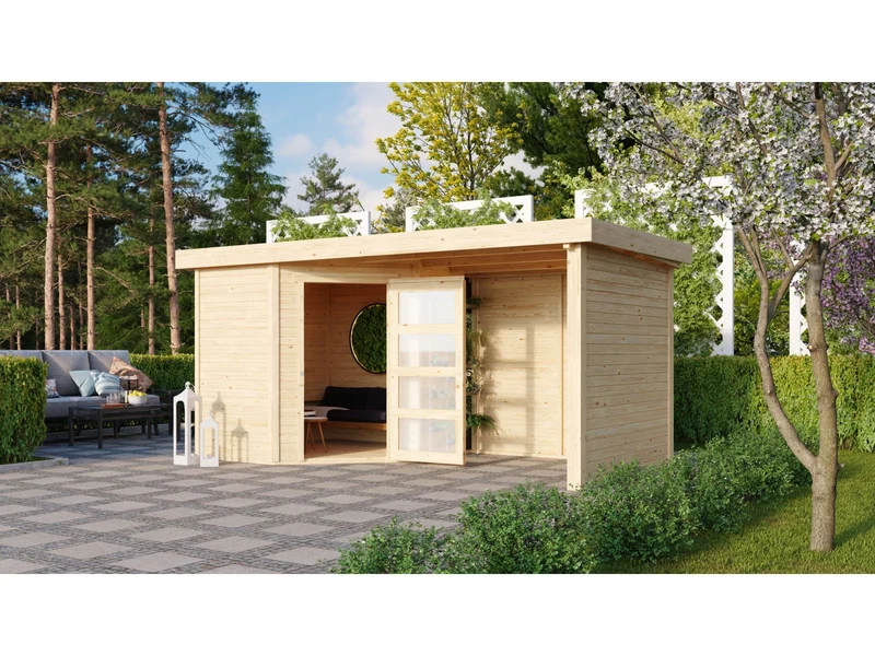 Karibu Gartenhaus Schwandorf 3 natur mit Anbaudach 2,25 Meter, Seiten- und Rückwand