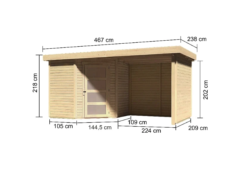 Karibu Gartenhaus Schwandorf 3 natur mit Anbaudach 2,25 Meter, Seiten- und Rückwand