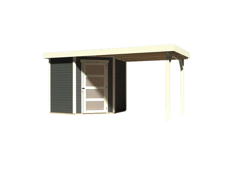 Karibu Gartenhaus Schwandorf 3 terragrau mit Anbaudach 2,25 Meter
