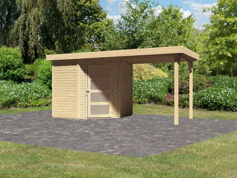 Karibu Gartenhaus Schwandorf 3 natur mit Anbaudach 2,40 Meter