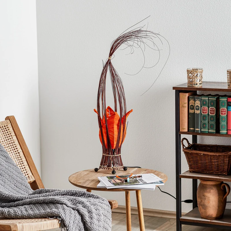 B-Ware Woru Tischleuchte Lampe Elena Stoffschirm Orange Holz Textil Schalter Unikat