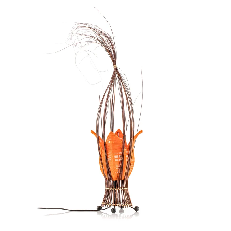 B-Ware Woru Tischleuchte Lampe Elena Stoffschirm Orange Holz Textil Schalter Unikat