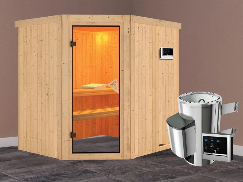 Lilja - Karibu Sauna Plug & Play inkl. 3,6 kW-Ofen - ohne Dachkranz -