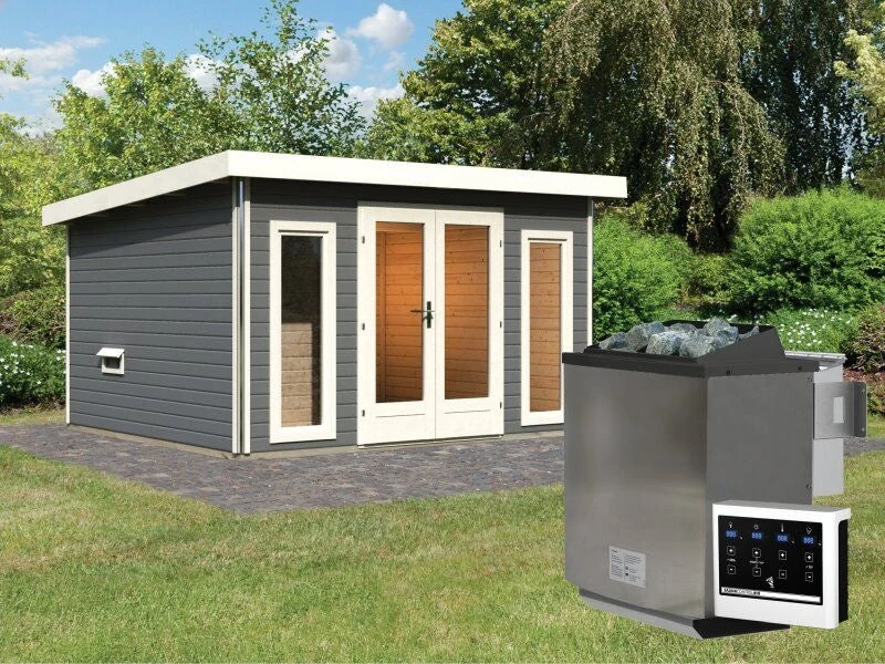 Karibu Saunahaus Mainburg 2 Set B terragrau -9 kW Bioofen ext. Steuerung-