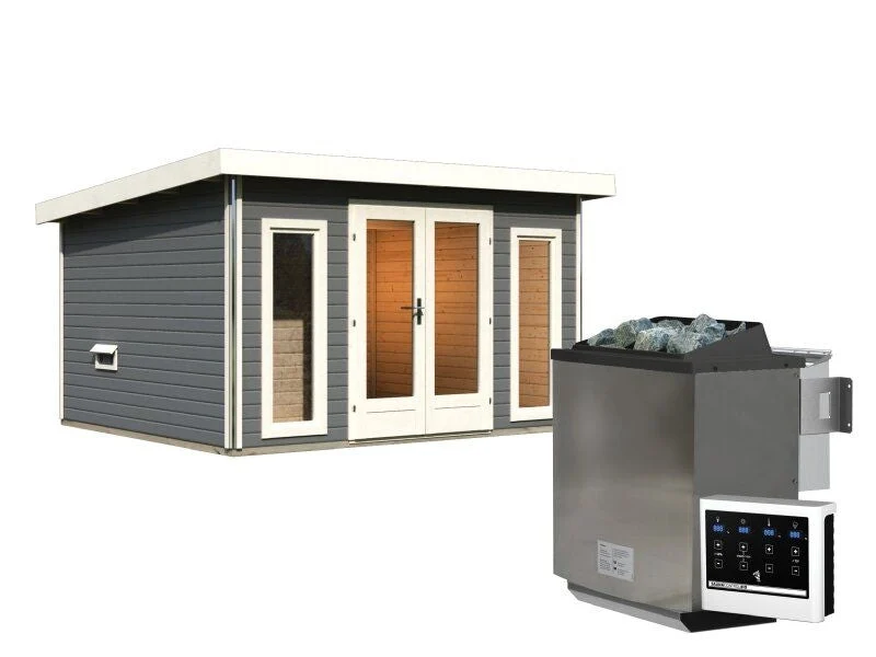 Karibu Saunahaus Mainburg 2 Set B terragrau -9 kW Bioofen ext. Steuerung-