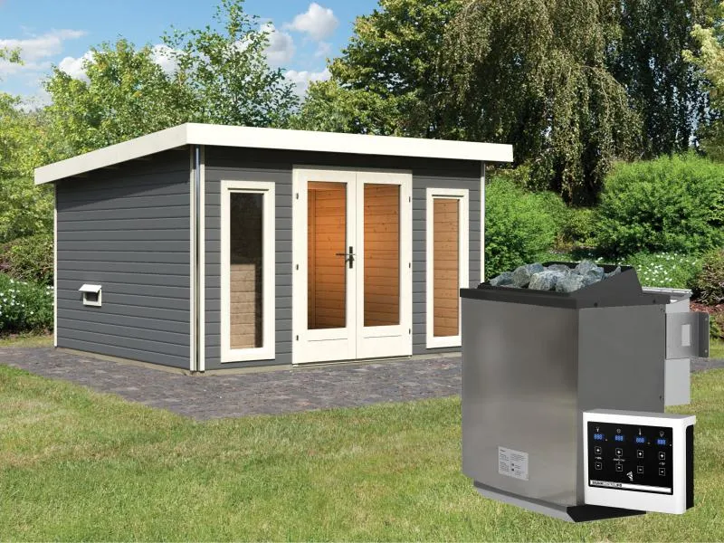 Karibu Saunahaus Mainburg 2 Set B terragrau -9 kW Bioofen ext. Steuerung-