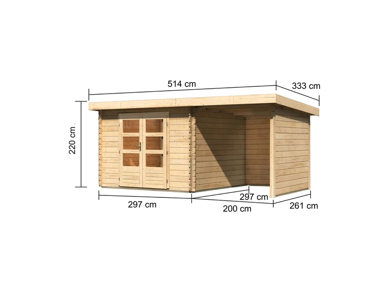 Karibu Gartenhaus Bastrup 5 mit Anbaudach 2 Meter sowie Seiten- und Rückwand natur