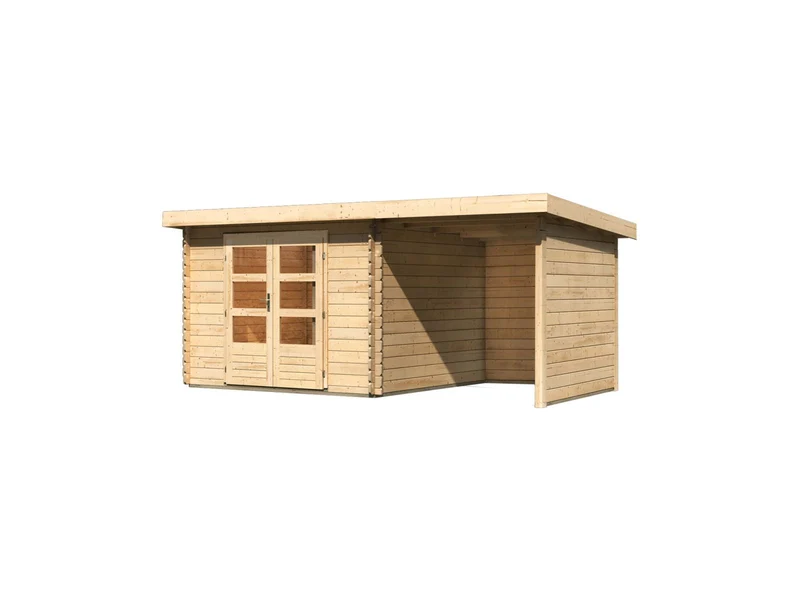 Karibu Gartenhaus Bastrup 5 mit Anbaudach 2 Meter sowie Seiten- und Rückwand natur