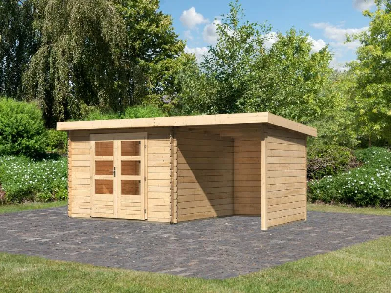 Karibu Gartenhaus Bastrup 5 mit Anbaudach 2 Meter sowie Seiten- und Rückwand natur